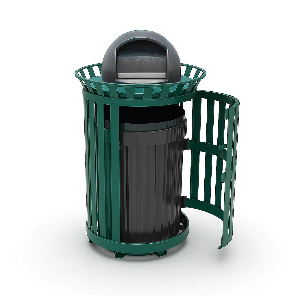45 Gallon Slatted Commercial Outdoor Trash Receptacle – Side Opening with Dome Lid & Liner - Image 4