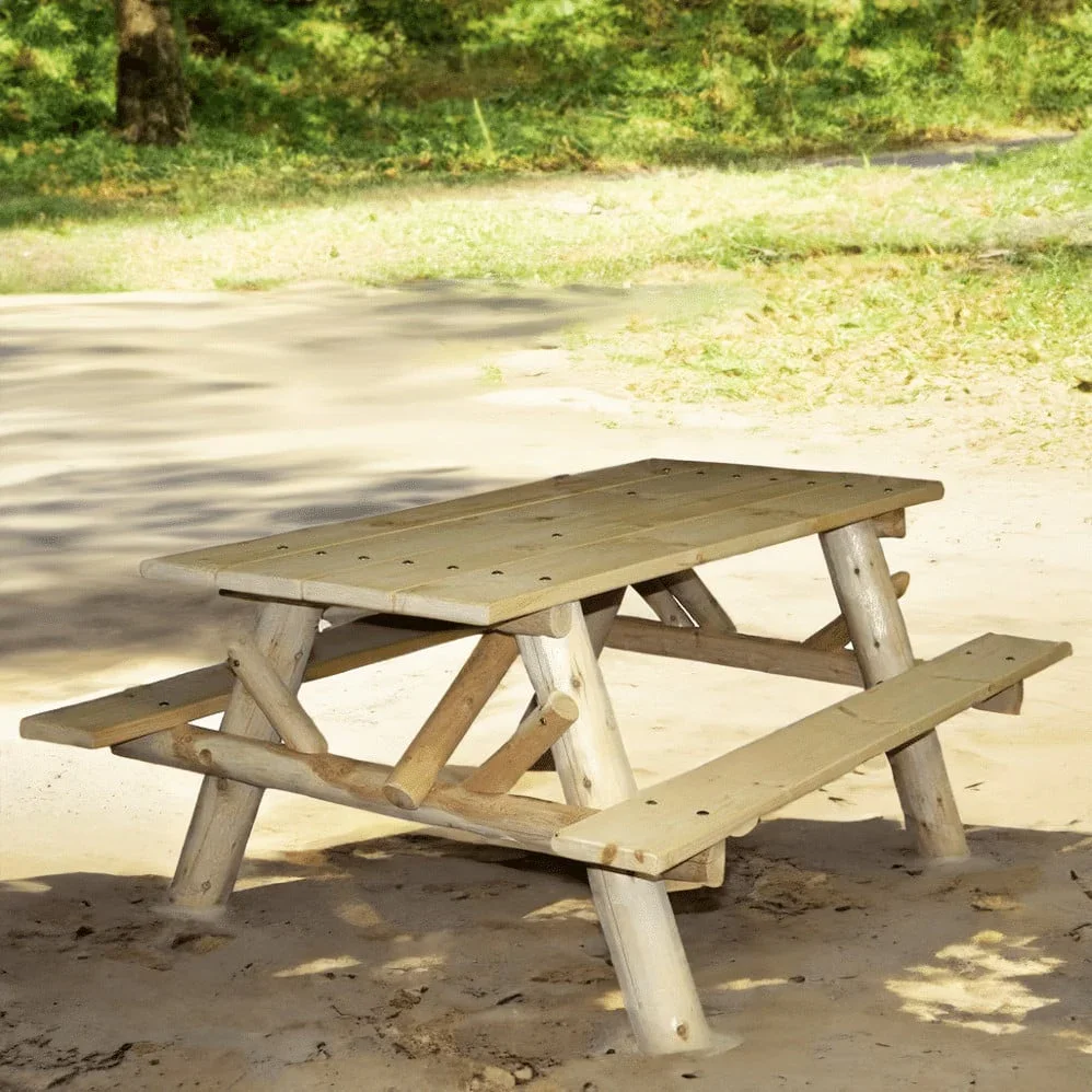 Lakeland Mills Cedar Log 6ft Picnic Table with Attached Benches