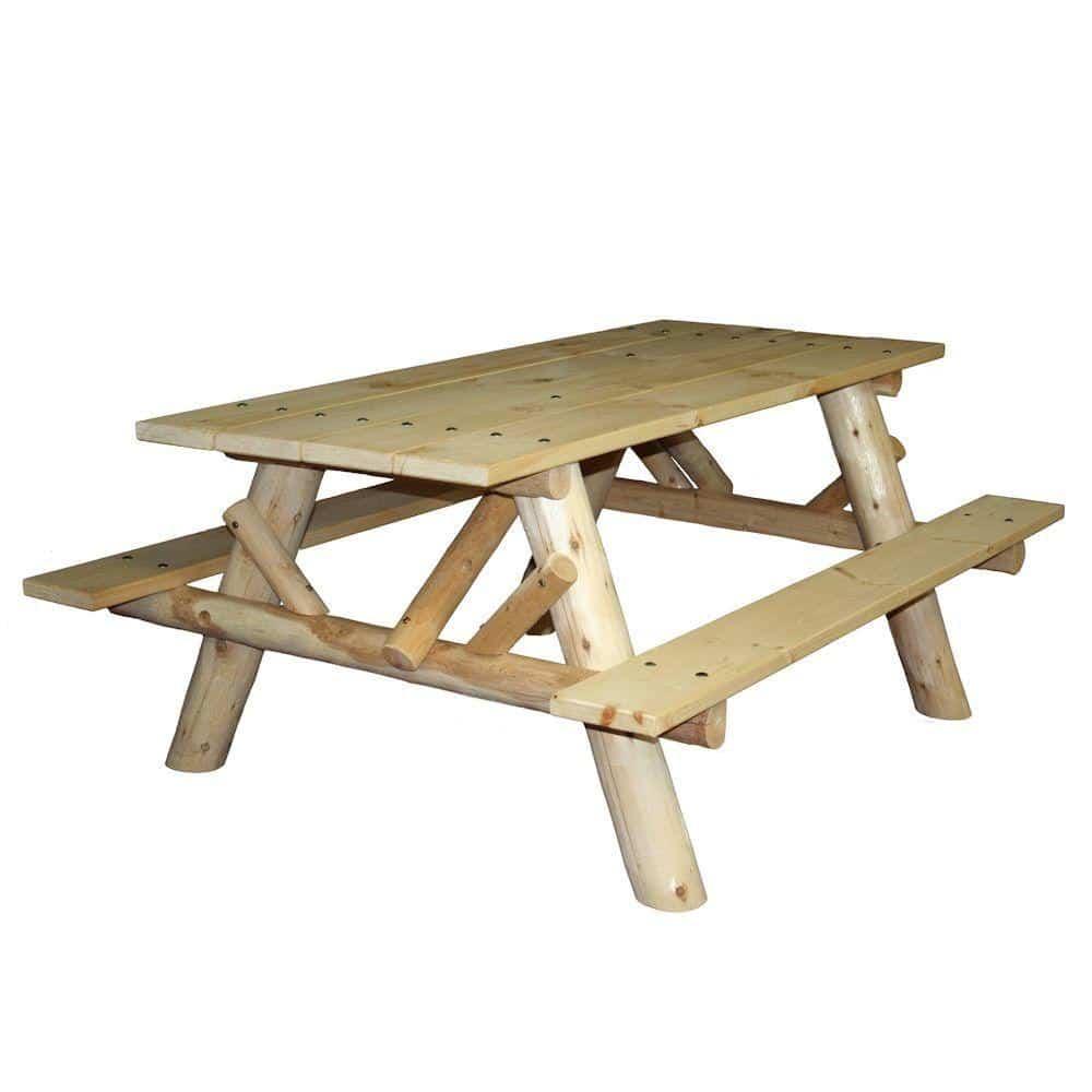 Lakeland Mills Cedar Log 6ft Picnic Table with Attached Benches - Image 2