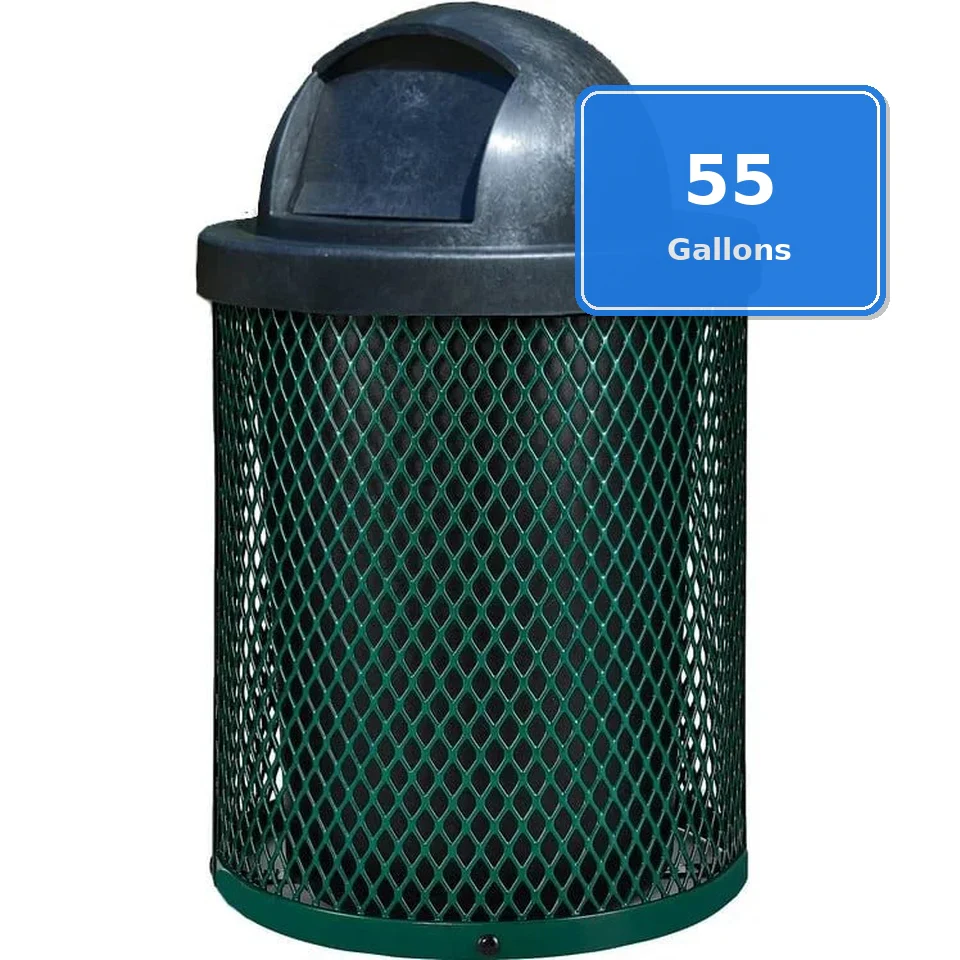 55 Gallon Diamond Expanded Steel Commercial Outdoor Trash Can – Plastic Dome Lid, Liner & Base