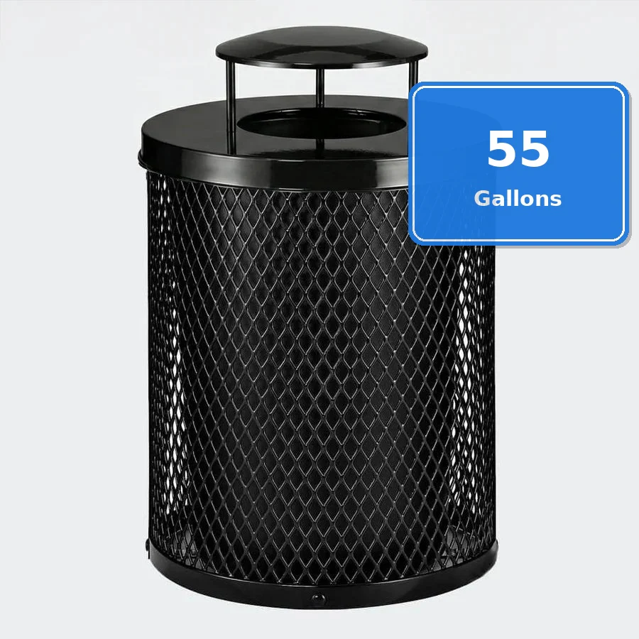 55 Gallon Diamond Expanded Steel Commercial Outdoor Trash Can – Rain Bonnet Lid, Liner & Base