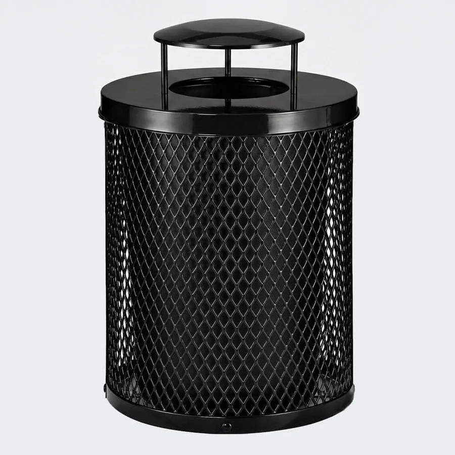 36 Gallon Diamond Expanded Steel Commercial Outdoor Trash Can – Rain Bonnet Lid, Liner & Base