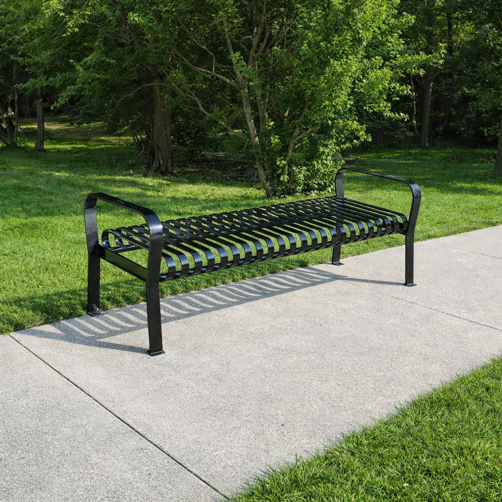 Courtyard Commercial 6ft Slatted Steel Park Bench Without Back – Powder Coated, Quick Ship