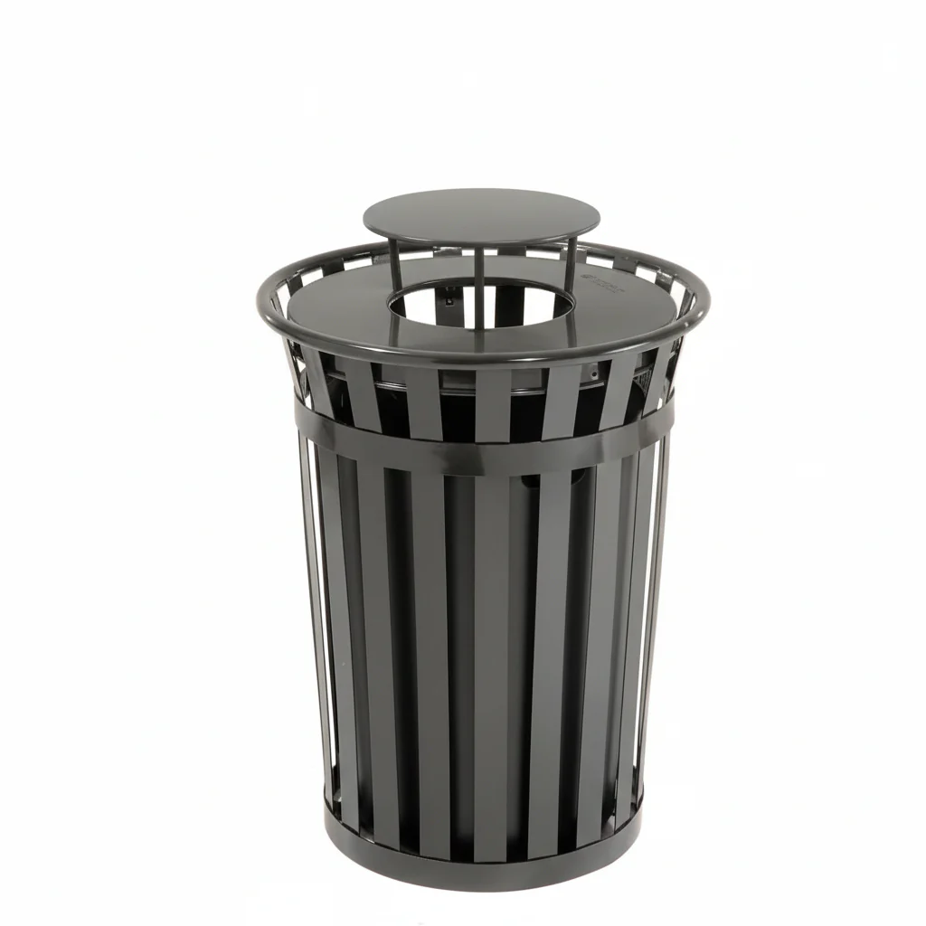 36 Gallon Slatted Steel Commercial Outdoor Trash Can – Wide Top Rain Bonnet Lid & Liner