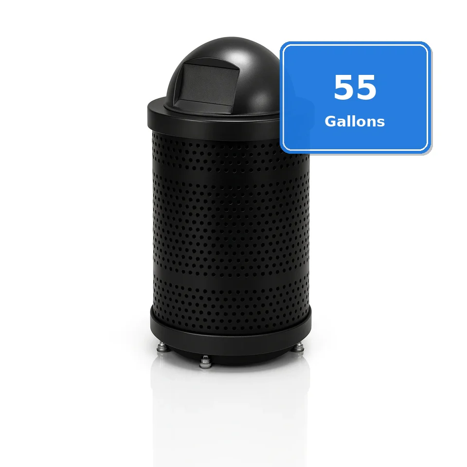 55 Gallon Punched Steel Heavy-Duty Commercial Outdoor Trash Can – Plastic Dome Lid, Liner & Base