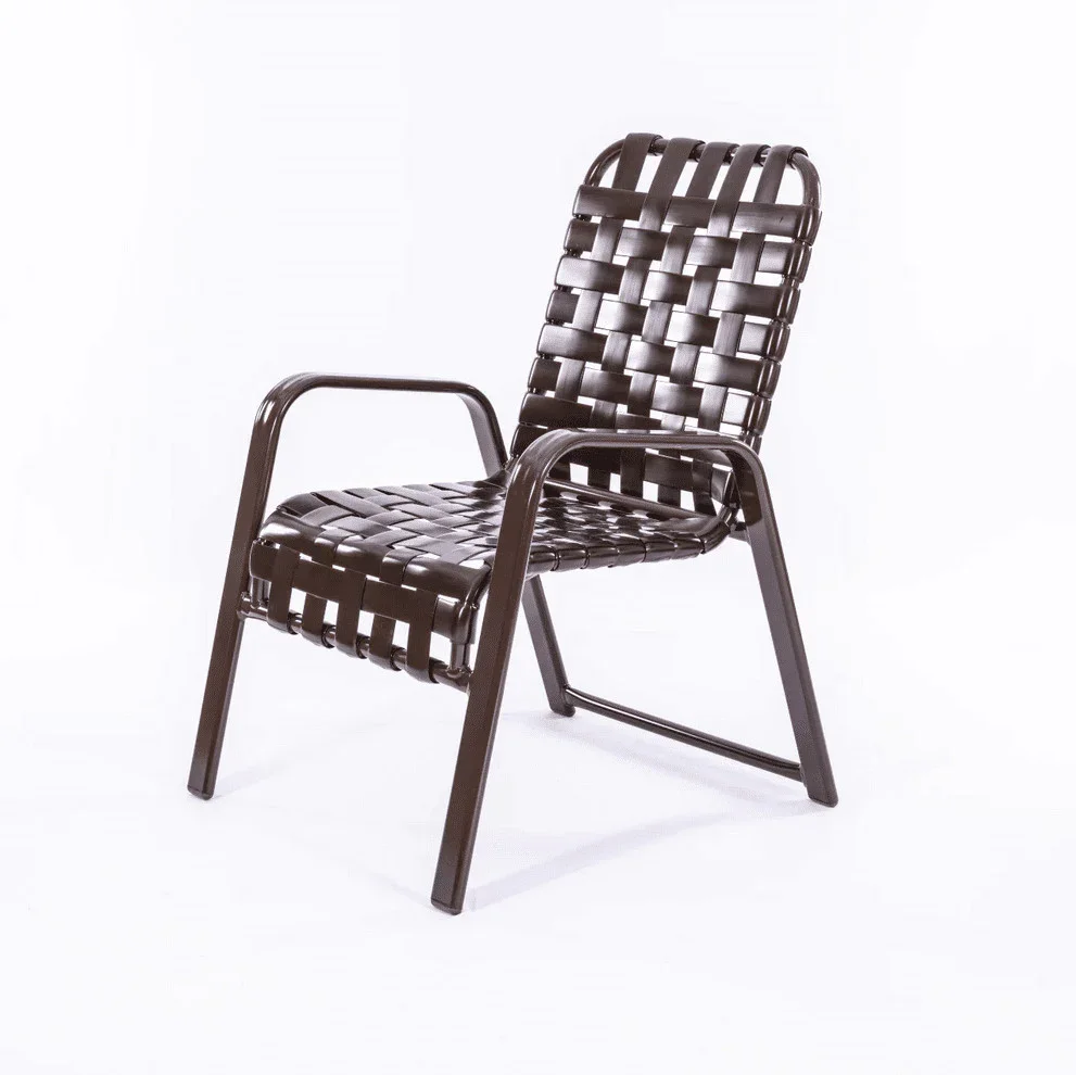 Wide Frame Basket Weave Vinyl Strap Commercial Pool Side Dining Chair with Comfort Arm
