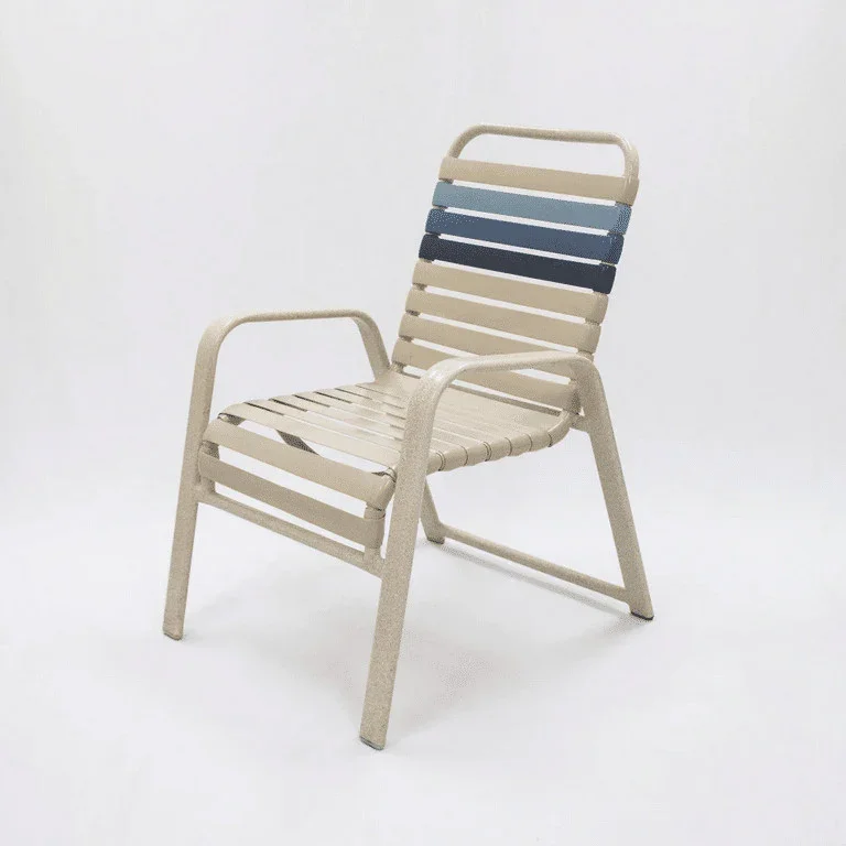 Wide Frame Vinyl Strap Commercial Pool Side Dining Chair with Comfort Arm