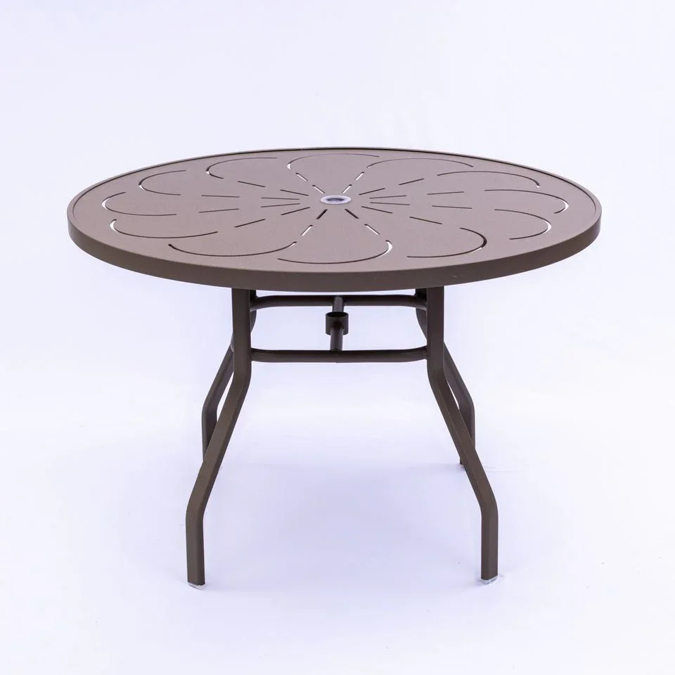 Oasis 42in Round Aluminum Commercial Pool Patio Table – Punched Top, Rectangular Legs