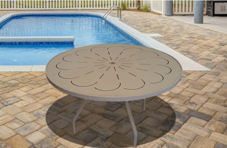 Beach Club 48in Round Aluminum Commercial Pool Patio Table – Punched Top, Rectangular Legs - Image 2