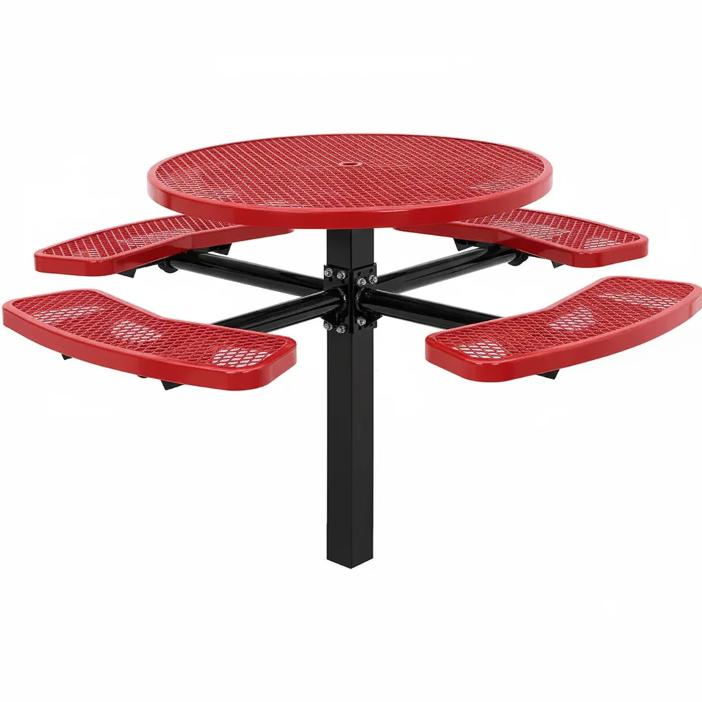 Commercial 46in Circular Single Pedestal Picnic Table – Expanded Metal, In-Ground Mount - Image 6