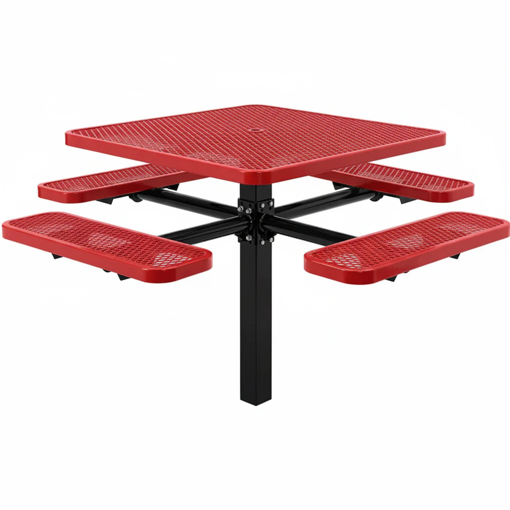 Commercial 46in Square Single Pedestal Picnic Table – Expanded Metal, In-Ground Mount - Image 6